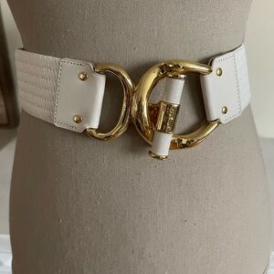 Ralph Lauren White Stretch Belt with Gold Tone Buckle